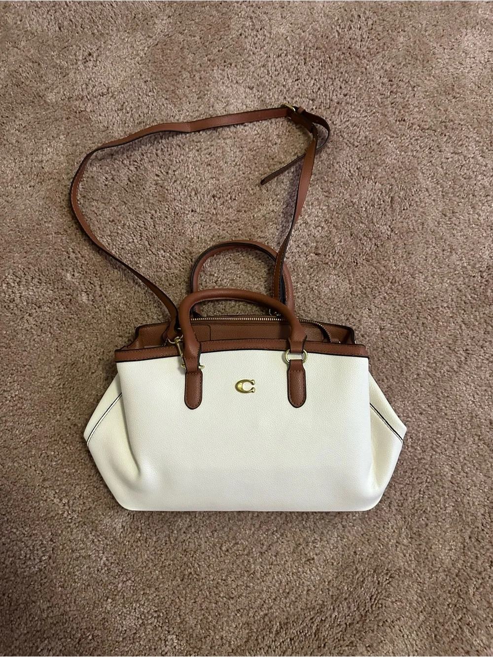 Coach White Pebbled Leather Satchel with Brown Trim and Strap
